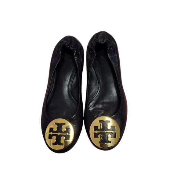Tory Burch Shoes - Tory Burch Black and Gold Flats with Iconic Logo